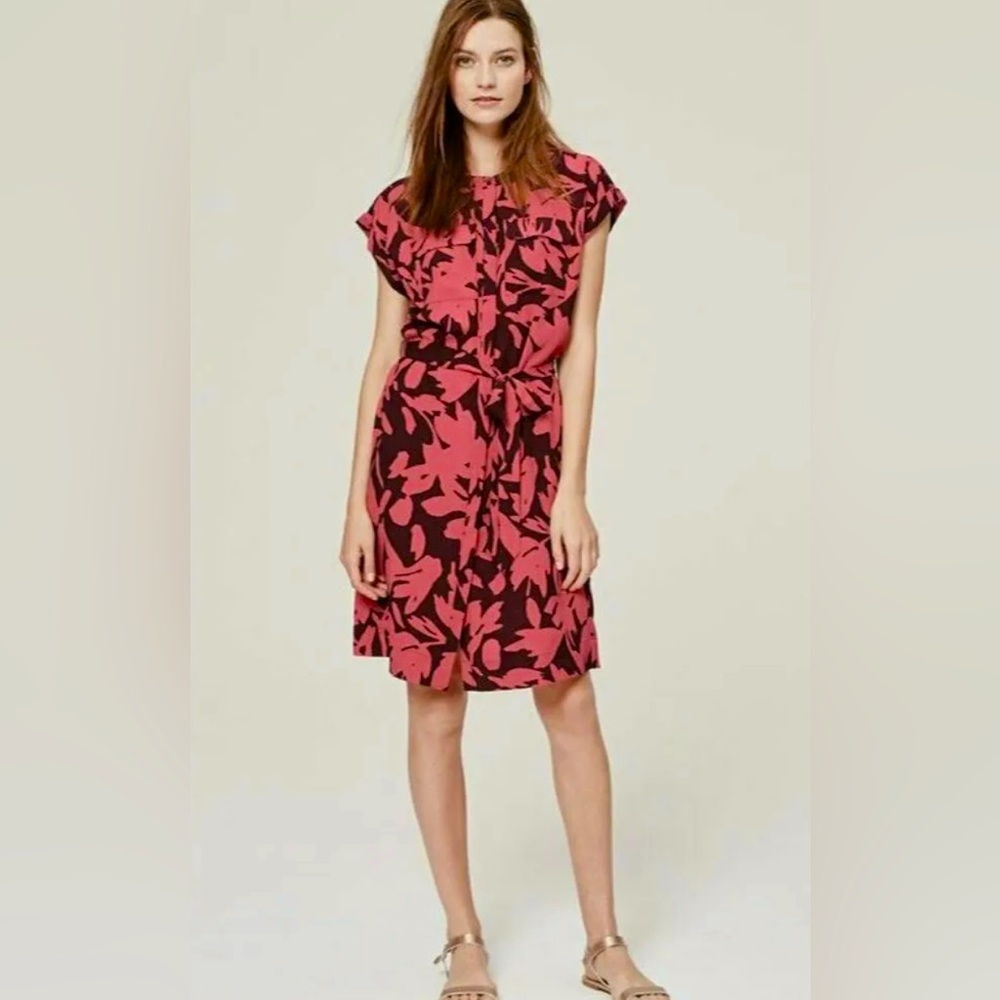 Ann Taylor LOFT Floral Maroon And Pink Button Up Sheath Dress